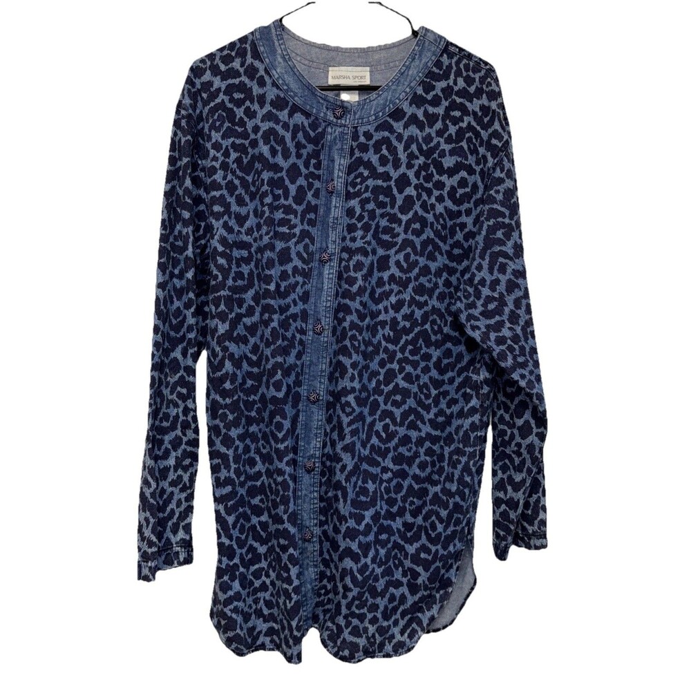 Marsha Sport Top Women Animal Print Blue Denim Cotton Button XL Retro